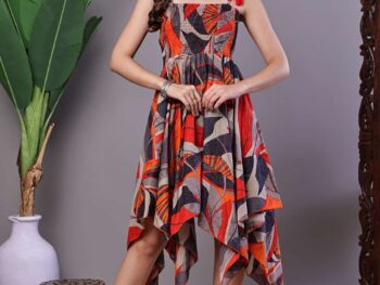 Women's Rust & Grey Abstract Print Cotton Handkerchief Hem Dress Midi Dresses
