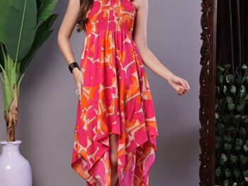 Women's Orange & Pink Printed Cotton Handkerchief Hem Dress Midi Dresses
